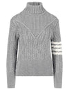 Women's 4 Bar Irish Pointelle Cable Merino Wool Turtleneck Grey - THOM BROWNE - BALAAN 2