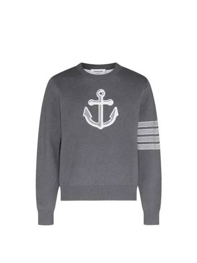 Men's Anchor Jacquard 4-Bar Crew Neck Knit Top Med Grey - THOM BROWNE - BALAAN 3