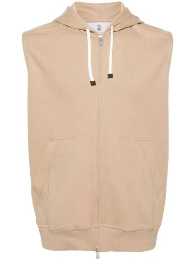 Cotton Sleeveless Hoodie Zip-Up Beige - BRUNELLO CUCINELLI - BALAAN 1