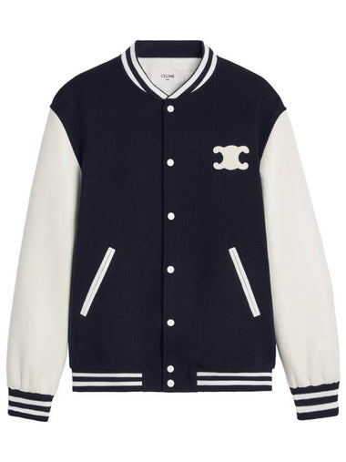 Navy Wool Triomphe Patch Teddy Varsity Jacket 2V29V896C 07MR - CELINE - BALAAN 1