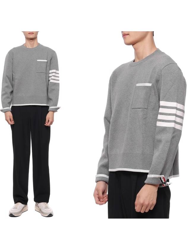 Milano Stitch 4-Bar Boxy Crew Neck Pullover Knit Top Grey - THOM BROWNE - BALAAN 3