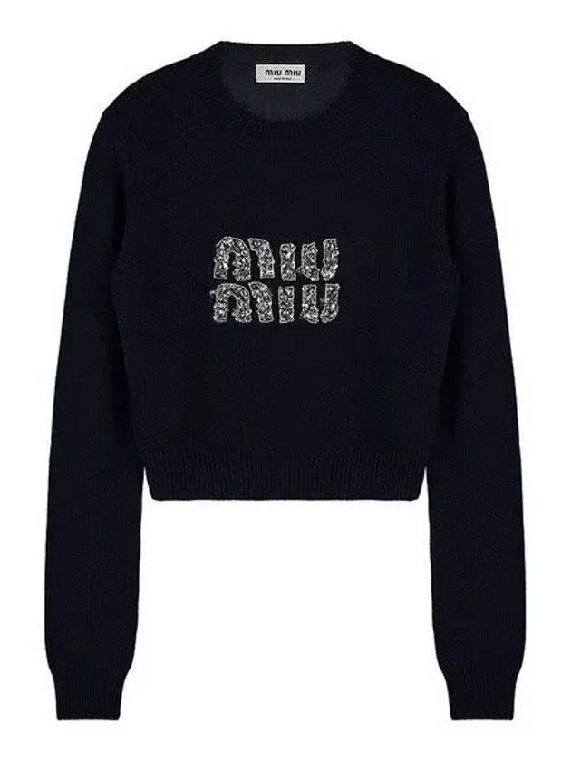 Women's Logo Cashmere Knit Top Navy - MIU MIU - BALAAN 2