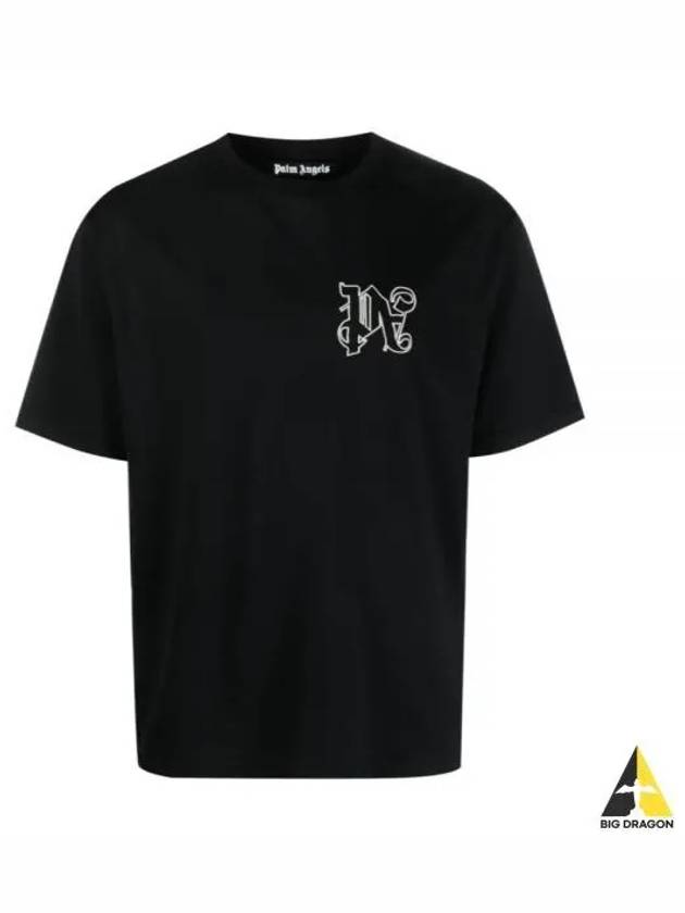 Men's Monogram Logo Print Short Sleeve T-Shirt Black - PALM ANGELS - BALAAN 2