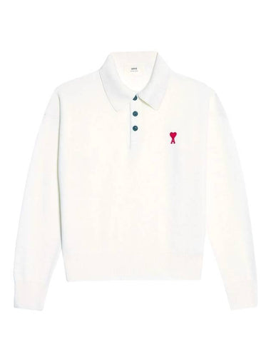 Small Heart Extra Fine Merino Wool Polo Shirt White - AMI - BALAAN 1