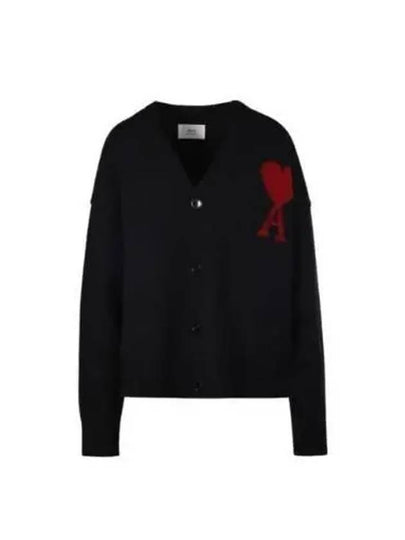 Heart Logo V Neck Wool Cardigan Black - AMI - BALAAN 2