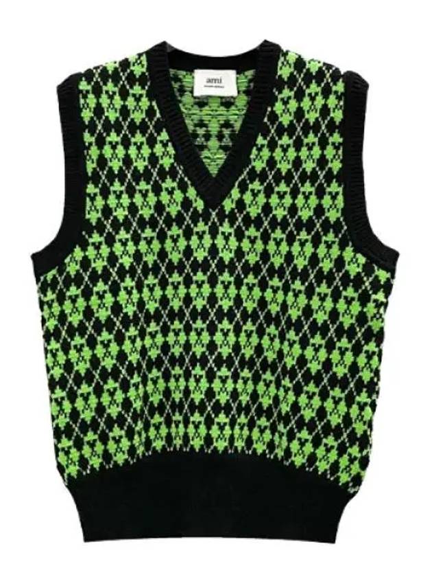 Wool Jacquard V-neck Knit Vest Green - AMI - BALAAN 2