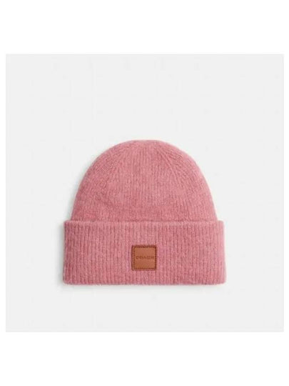 Leather Patch Knit Beanie Pink - COACH - BALAAN 2