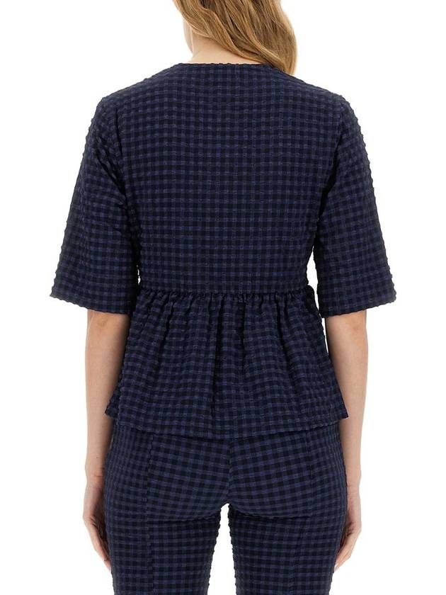 Stretch Seersucker V-Neck Peplum Blouse Navy - GANNI - BALAAN 4