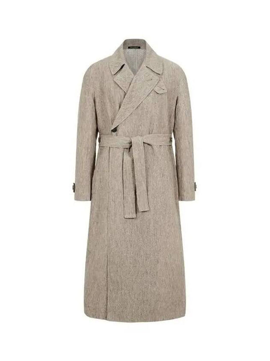 Men s Belted Hole Chevron Linen Coat Light Brown 271651 - EMPORIO ARMANI - BALAAN 1