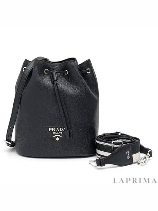 Logo Flo Leather Bucket Bag Black - PRADA - BALAAN 2