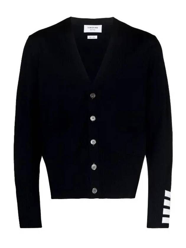 Men's Fine Merino Wool 4 Bar Cuff V-Neck Cardigan Navy - THOM BROWNE - BALAAN 2