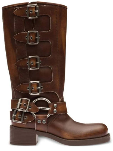 Buckle Detail Leather Long Boots Brown - MIU MIU - BALAAN 1