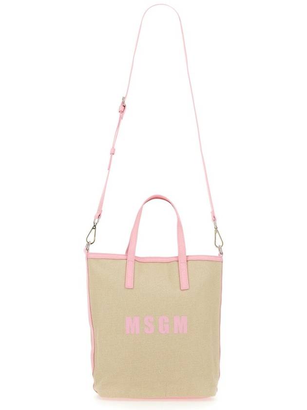 Small Logo Print Calf Leather Tote Bag Pink Beige - MSGM - BALAAN 4