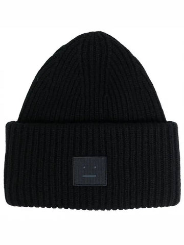 Face Patch Ribbed Wool Beanie Black - ACNE STUDIOS - BALAAN.