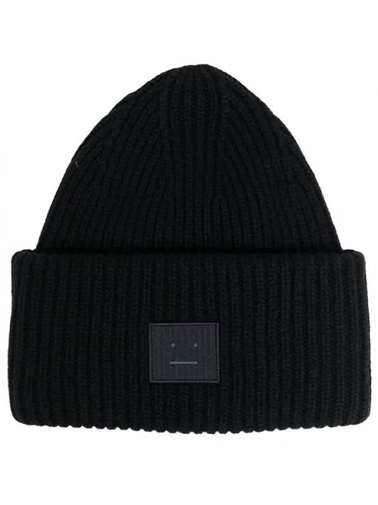 Face Patch Ribbed Wool Beanie Black - ACNE STUDIOS - BALAAN 1