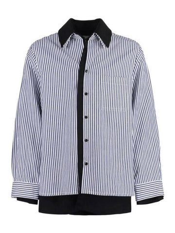 Cotton Linen Stripe Double Long Sleeve Shirt Blue - BOTTEGA VENETA - BALAAN 1