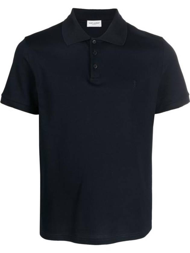 Men's Monogram Cotton Short Sleeve Polo Shirt Navy - SAINT LAURENT - BALAAN 2