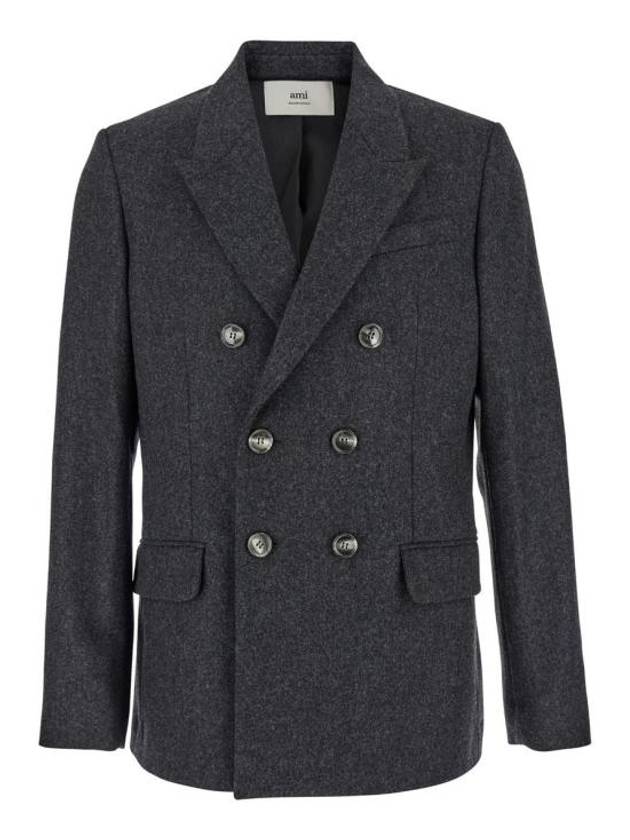 Wool Flanne Double Breasted Jacket Dark Grey - AMI - BALAAN 3