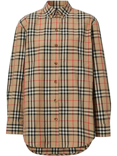 Women's Check Vintage Cotton Long Sleeve Shirt Beige - BURBERRY - BALAAN 1