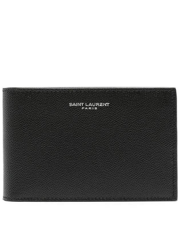 Classic Logo Textured Leather Half Wallet Black - SAINT LAURENT - BALAAN 2