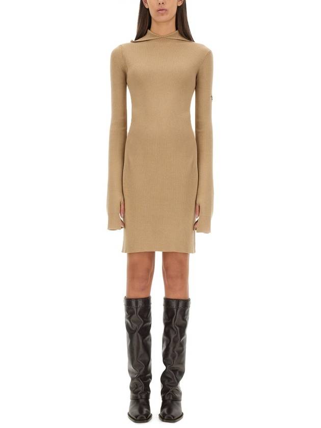 Long Sleeve Hooded Wool Silk Short Dress Beige - FENDI - BALAAN 2