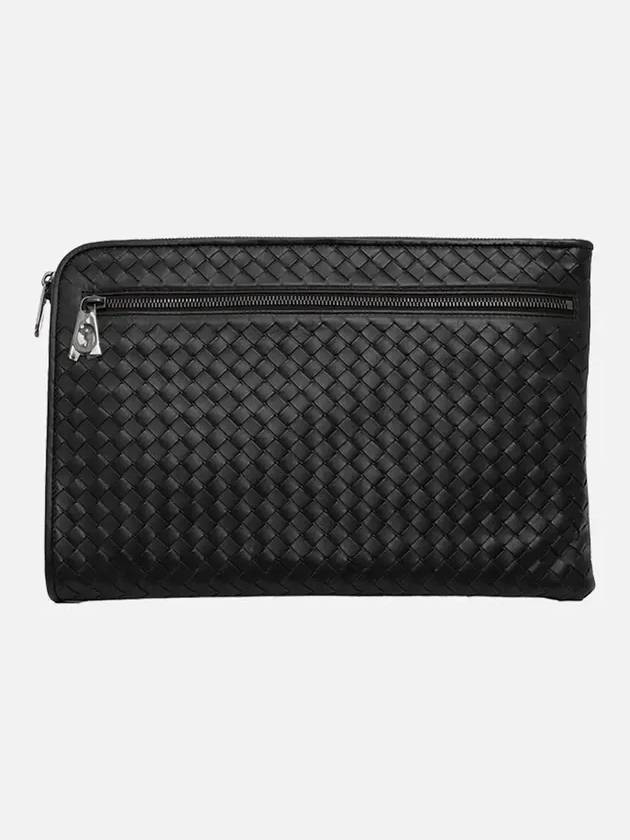 Intrecciato Weaving Zipper Clutch Bag Black - BOTTEGA VENETA - BALAAN 3