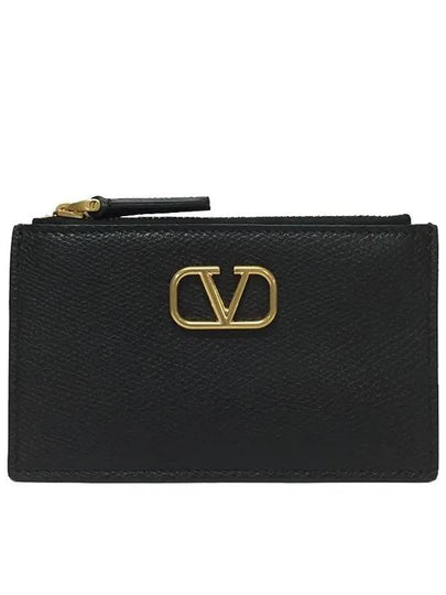 V Logo Signature Leather Card Wallet Black - VALENTINO - BALAAN 2