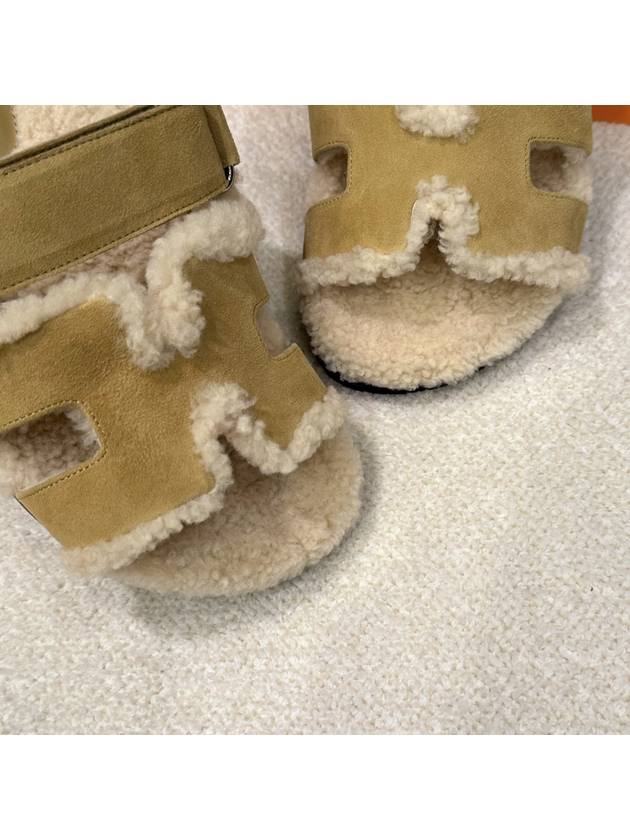 Women's Chypre Sandals Goatskin Woolskin Khaki Beige - HERMES - BALAAN 7