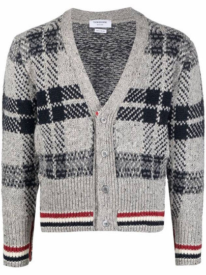 Donegal Tartan Stripe V-Neck Cardigan Medium Grey - THOM BROWNE - BALAAN 2