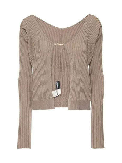 La Maille Pralu Longue Micro Charm Logo Cardigan Light Brown - JACQUEMUS - BALAAN 2