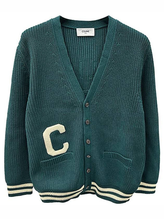 College Logo Patch Wool Long Cardigan Green - CELINE - BALAAN 2