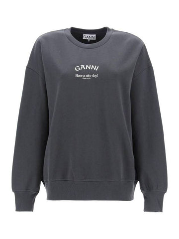 Logo Print Oversized Sweatshirt Grey - GANNI - BALAAN 1