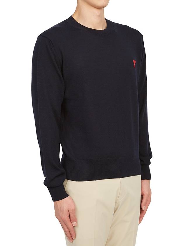 Heart Embroidered Logo Crew Neck Knit Top Navy - AMI - BALAAN 4