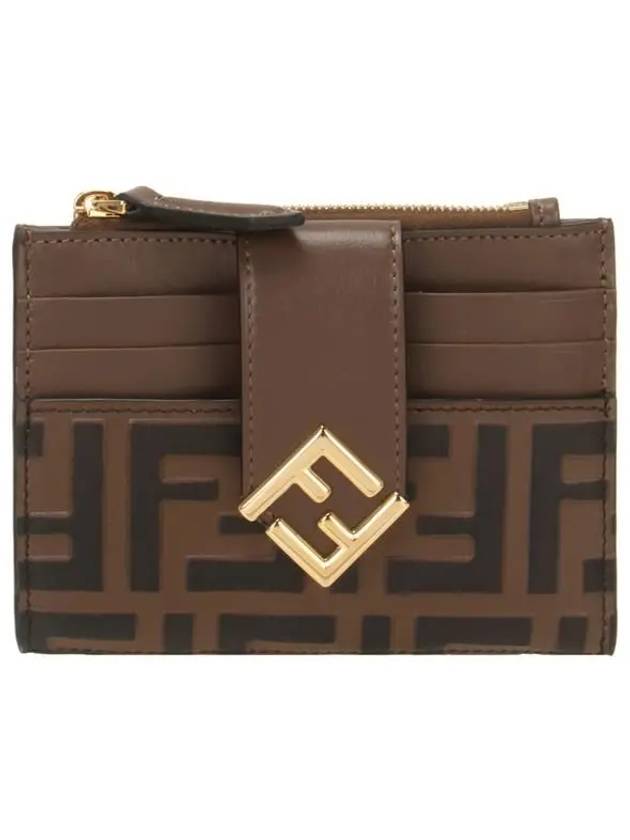 FF Diamond Embossed Logo Zip Card Holder Brown - FENDI - BALAAN 2