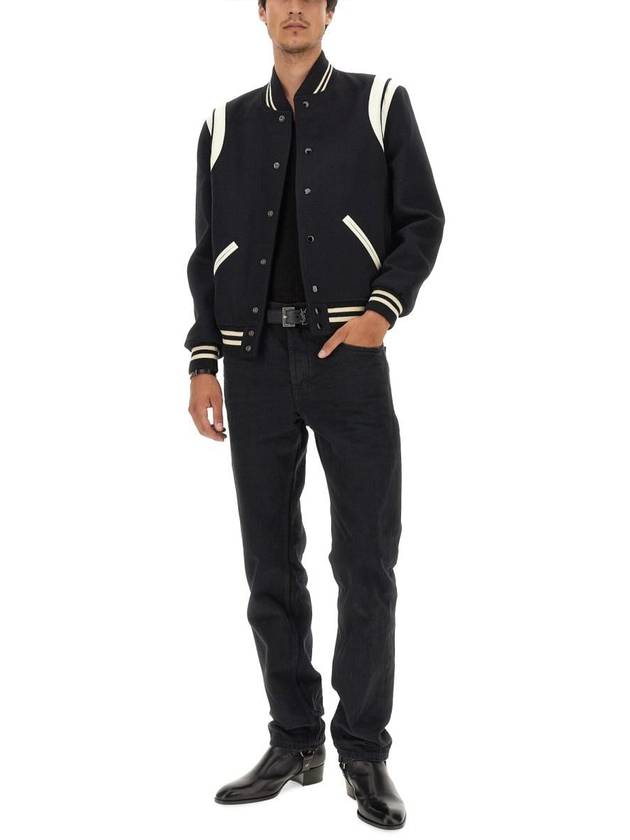 Teddy Bomber Jacket in Wool Black White - SAINT LAURENT - BALAAN 3