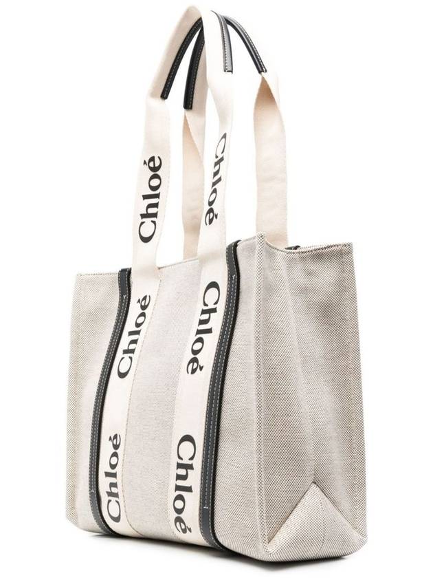 Woody Canvas Medium Tote Bag White Navy - CHLOE - BALAAN 5