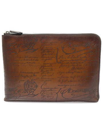 Brown Venezia Scritto Leather Nino GM Clutch - BERLUTI - BALAAN 1