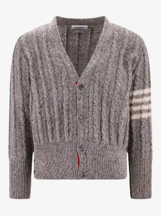 Donegal Twist Cable 4 Bar Classic V Neck Cardigan Light Grey - THOM BROWNE - BALAAN 2