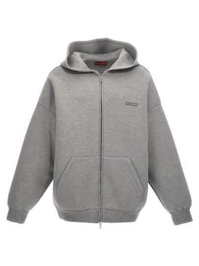 Embroidered Logo Zip-Up Hoodie Grey - GUCCI - BALAAN 2