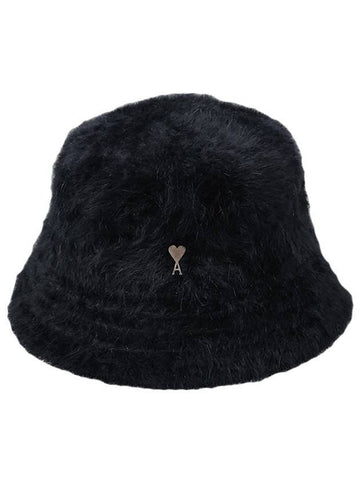 Heart Logo Blended Angora Bucket Hat Black - AMI - BALAAN 1