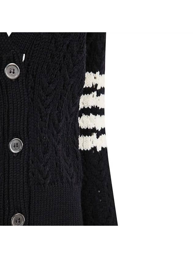 Women's Irish Pointelle Cable 4 Bar V Neck Cardigan Navy - THOM BROWNE - BALAAN 5