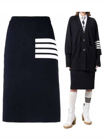 Women's Double Face Fine Merino Wool 4 Bar A Line Skirt Navy - THOM BROWNE - BALAAN 2