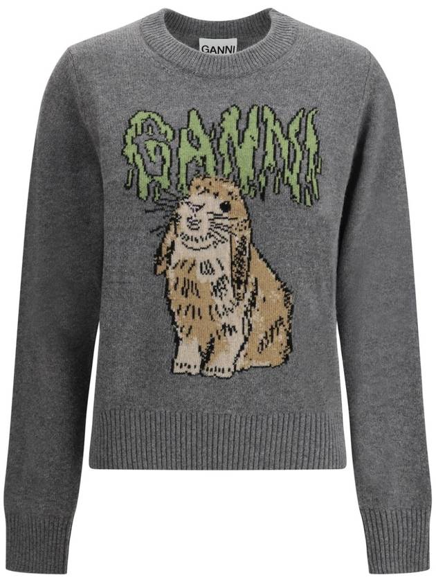 Graphic Wool Mix Bunny Crewneck Knit Top Grey - GANNI - BALAAN 2