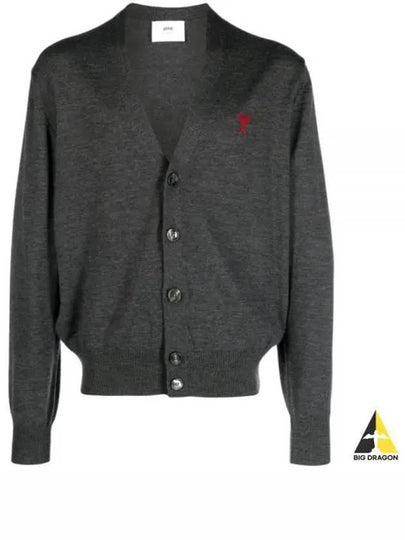 Red Heart Logo Merino Wool Cardigan Heather Grey - AMI - BALAAN 2