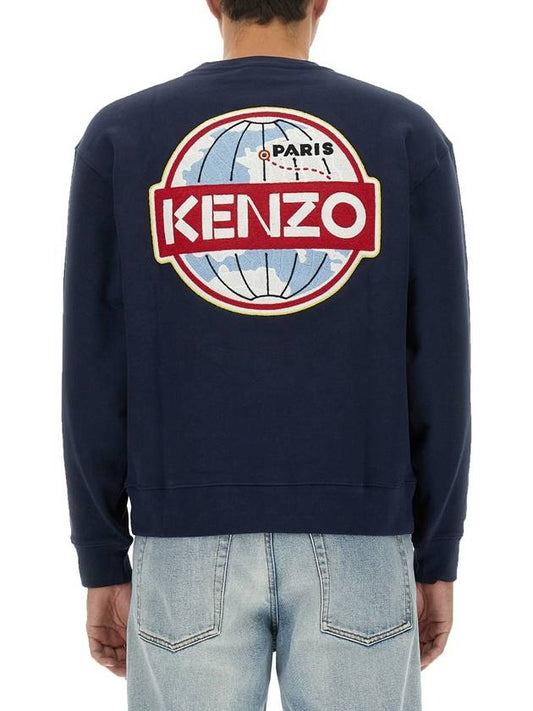 Men's Travel Logo Patch Cotton Sweatshirt Navy - KENZO - BALAAN 1