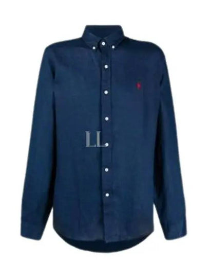 Embroidered Pony Linen Long Sleeve Shirt Navy - POLO RALPH LAUREN - BALAAN 2