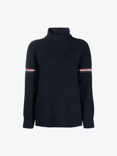 Women's Overwashed Cashmere Heritage Waffle Stitch Striped Turtleneck Navy - THOM BROWNE - BALAAN 2