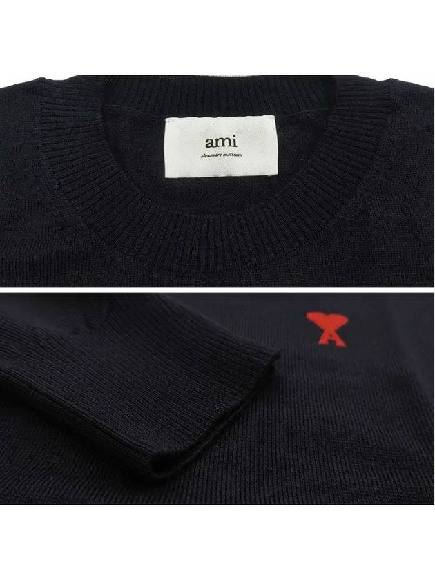 Heart Embroidered Logo Crew Neck Knit Top Navy - AMI - BALAAN 5