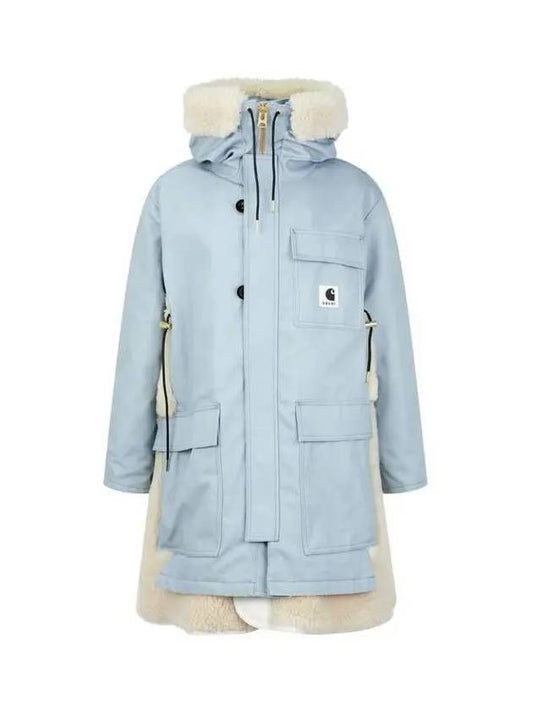 Women s Detachable Hooded Fur Canvas Parka Light Blue - SACAI - BALAAN 1