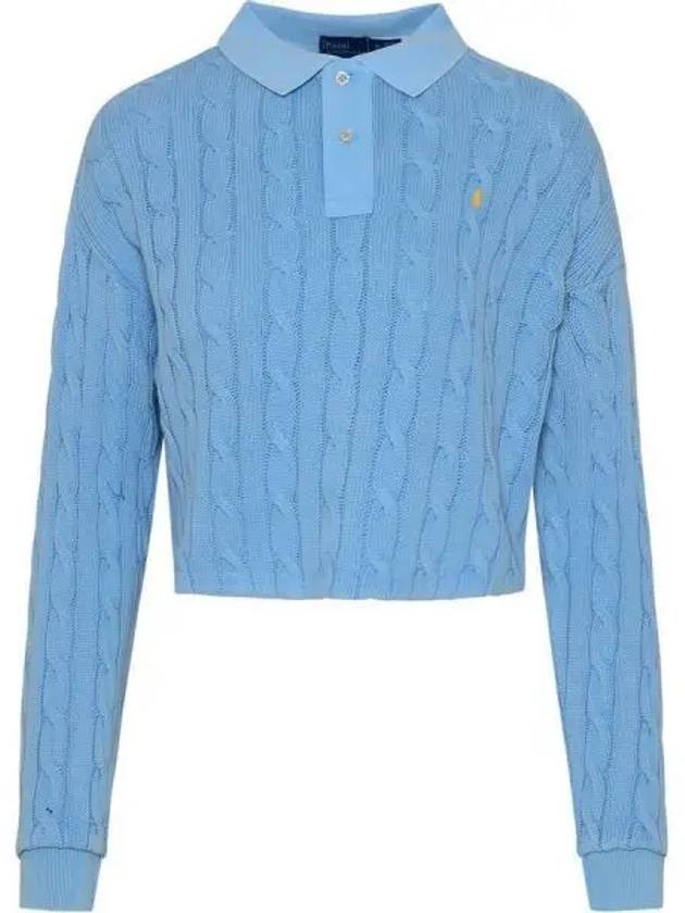 Embroidered Logo Pony Cable Long-Sleeve Collar Knit Top Blue - POLO RALPH LAUREN - BALAAN 2